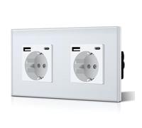BSEED Prise murale, 2 prises standard Schuko, avec connecteur de charge USB 2,1 A amélioré et prise de type C avec panneau en verre, installation facile, 157 mm, blanc