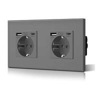 BSEED Prise murale 2 prises standard Schuko avec connecteur de charge USB amélioré de 2,1 A et prise de type C avec panneau en verre, installation facile, 157 mm, gris