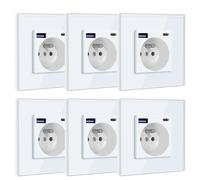 BSEED Prise Murale avec USB C PD20W Blanc,Prise à Encastrer,16A Prise de Courant Alternatif avec Panneau en Verre,Chargeur Rapide Multiprises avec 1 USB-C 20W, Idéal pour Maison et Bureau, 6 Pack