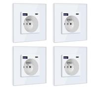 BSEED Prise Murale avec USB C PD20W Blanc,Prise à Encastrer,16A Prise de Courant Alternatif avec Panneau en Verre,Chargeur Rapide Multiprises avec 1 USB-C 20W, Idéal pour Maison et Bureau, 4 Pack