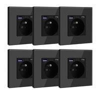 BSEED Prise Murale avec USB C PD20W Noir,Prise à Encastrer,16A Prise de Courant Alternatif avec Panneau en Verre,Chargeur Rapide Multiprises avec 1 USB-C 20W, Idéal pour Maison et Bureau, 6 Pack