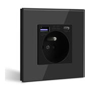 BSEED Prise Murale avec USB C PD20W Noir,Prise de courant à Encastrer,16A Prise de Courant Alternatif avec Panneau en Verre,Chargeur Rapide Multiprises avec 1 USB-C 20W, Idéal pour Maison,Bureau