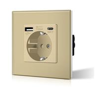 BSEED Prise murale standard Schuko avec connecteur de charge USB amélioré 2,1 A et prise de type C avec panneau en verre, installation facile, 86 mm, doré