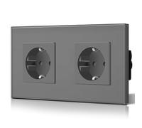 BSEED Schuko Double prise normale 2 prises standard UE encastrée avec câble de terre Boîte d'installation facile Plaque en verre cristal 16 A 250 V Prises d'extension 157 mm Gris