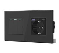 BSEED Schuko,Prises Interrupteur et prise avec 20W USB et Type C,Prise allemande Charge rapide,Panneau en verre,3 IN 1,Installation facile, 3 Gang 1 Way-PD Schuko,Noir