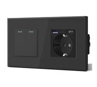 BSEED Schuko,Prises Interrupteur et prise avec 20W USB et Type C,Prise allemande Charge rapide,Panneau en verre,3 IN 1,Installation facile, 2 Gang 1 Way-PD Schuko,Noir
