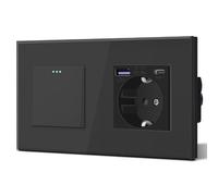 BSEED Schuko,Prises Interrupteur et prise avec 20W USB et Type C,Prise allemande Charge rapide,Panneau en verre,3 IN 1,Installation facile, 1 Gang 3 Way-PD Schuko,Noir