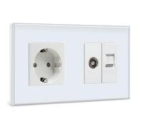 BSEED Schuko Steckdose mit 1/2 TV-Antenne Koaxial- und RJ45-Cat5e-Ethernet KristallGlas Platte Steckdose Glas Unterputz Steckdose 16A Steckdose Verlängerungssteckdosen Wandsteckdose Weiß 157mm