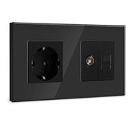 BSEED Schuko Steckdose mit 1/2 TV-Antenne Koaxial-und RJ45-Cat5e-Ethernet KristallGlas Platte Steckdose Glas Unterputz Steckdose 16A Steckdose Verlängerungssteckdosen Wandsteckdose Schwarz 157mm
