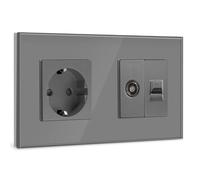 BSEED Schuko Steckdose mit 1/2 TV-Antenne Koaxial- und RJ45-Cat5e-Ethernet KristallGlas Platte Steckdose Glas Unterputz Steckdose 16A Steckdose Verlängerungssteckdosen Wandsteckdose Grau 157mm