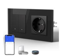 BSEED Smart WiFi Interrupteur Mural avec Prise, Compatible avec Google Home et Alexa Neutral Line Required, 2 Gang 1 Way, Noir