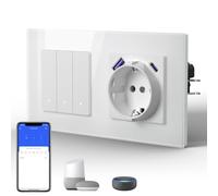BSEED Smart WiFi Interrupteur Mural avec Prise（Fast Charging USB, TYPE C）, Panneau en Verre Esthétique,Compatible avec Google Home et Alexa Neutral Line Required, 3 Gang 1 Way, blanc