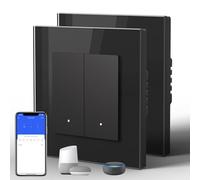BSEED Smart WiFi Interrupteur Mural, Interrupteur connecté Bouton-poussoir (Cliquez), Panneau en Verre Esthétique,Compatible avec Google Home et Alexa Neutral Line Required, 2 Gang 1 Way, Noir,2Pack