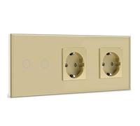 BSEED Touch Lichtschalter mit Steckdosen mit LED Anzeige,2 Fach 1 Weg Wandschalter mit doppelten Steckdosen Unterputz Touchscreen-schalter mit Glasrahmen 228mm Golden 500W