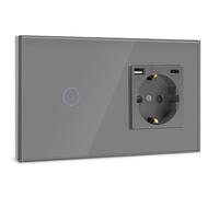 BSEED Touch Lichtschalter mit USB Steckdose Anschluss (Max. 2.1A) Typ C Port 1 Fach 1 Weg Wandschalter mit USB Steckdose Unterputz Lichtschalter mit Glasrahmen Grau 500W(Nicht Smart Schalter)