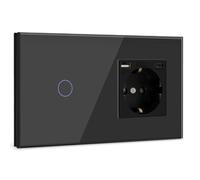 BSEED Touch Lichtschalter mit USB Steckdose Anschluss (Max. 2.1A) Typ C Port 1 Fach 1 Weg Wandschalter mit USB Steckdose Unterputz Lichtschalter mit Glasrahmen Schwarz 500W(Nicht Smart Schalter)