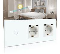 BSEED Touch Lichtschalter mit USB Steckdose Anschluss (Max. 2.1A) Typ C Port 1 Fach 2 Wege Wandschalter mit doppelten Steckdosen Unterputz Touchscreen-schalter mit Glasrahmen 228mm Weiß 500W