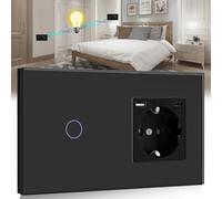 BSEED Touch Lichtschalter mit USB Steckdose Anschluss (Max. 2.1A) Typ C Port 1 Fach 2 Wege Wandschalter mit USB Steckdose Unterputz Lichtschalter mit Glasrahmen Schwarz 500W(Nicht Smart Schalter)