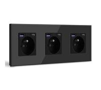 BSEED Triple Prise Murale avec USB C PD20W,Prise de courant à Encastrer,16A Prise de Courant Alternatif avec Panneau en Verre,Chargeur Rapide Multiprises avec 1USB C 20W,Idéal pour Maison,Bureau-Noir