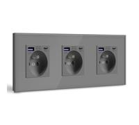 BSEED Triple Prise Murale avec USB C PD20W,Prise de courant à Encastrer,16A Prise de Courant Alternatif avec Panneau en Verre,Chargeur Rapide Multiprises avec 1USB C 20W,Idéal pour Maison,Bureau-Gris