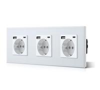BSEED Triple prise murale Schuko en verre, type USB-C, 3-en-1, encastrable, 3 voies, puissance de charge de 2,1 A et adaptateur de type C, prise d’extension de 228 mm (blanc)