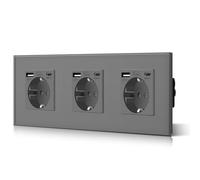 BSEED Triple prise murale Schuko en verre, type USB-C, 3-en-1, encastrable, 3 voies, puissance de charge de 2,1 A et adaptateur de type C, prise d’extension de 228 mm (gris)
