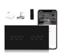 BSEED Zigbee Interrupteur double variateur d'intensité tactile Alexa WiFi avec vitre en verre compatible Alexa/Tuya/Google (hub ZigBee nécessaire) Noir