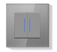 BSEEDLIFE Interrupteur Mural 2 Gang 1 Voie 86 * 86mm,Interrupteur de Réinitialisation Encastrable avec Indicateur LED avec Cristal Cadre en Verre,Gris(Reset Bouton Poussoir)
