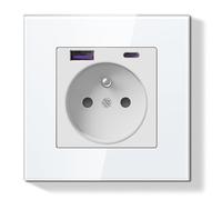 BSEEDLIFE Prise Murale avec USB et 1 Type C PD 20W,16A Normes Françaises Prise Electrique Encastrable,Facile à Installer,Panneau en Verre Cristal, 86 * 86mm,Blanc