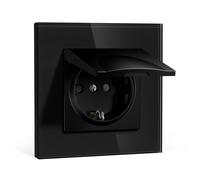BSEEDLIFE Prise Schuko Encastrée Norme UE,Prise Murale 16A avec Cadre en Verre,Avec Housse Imperméable,Griffes Rabattables,Type F avec Terre,1 Voie 86 * 86mm Noir