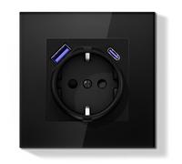 BSEEDLIFE Prise Schuko Encastrée Norme UE,Prise Murale 16A avec Cadre en Verre,Charge Rapide avec Port de Type A/C,Griffes Rabattables,Type F avec Terre,1 Voie 86 * 86mm Noir