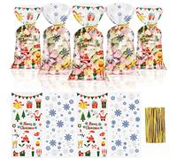 Bseical 100 Pièces Sachet Cadeau Noël Transparent, Sachet Plastique Bonbon, Sachet pour Biscuits Gâteaux Chocolat, Sacs Cadeaux Père Noël Flocon de Neige Cellophane Fête