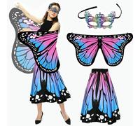 Bseical Costume de papillon pour femme - Ailes de papillon - Costume de carnaval - Cape de papillon - Ensemble de 3 pièces avec masque et jupe colorés - Costume de fée, Bleu Rose