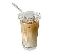 BSEID Tasse en verre esthétique - Tasses à café glacé en verre avec couvercle et pailles, verre de qualité alimentaire, accessoires de bar à café, verres portables de 375 ml pour thé, limonade, bière,