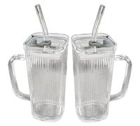 BSFDORPOT 2 pcs en verre tasses avec couvercles et pailles 250 ml / 8, 5 oz gobelet clair avec poignée tasse de café en verre anti-scalding pour le thé glacé, cocktail, whisky, soda, style 2