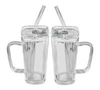 BSFDORPOT 2 pcs en verre tasses avec couvercles et pailles 250 ml / 8, 5 oz gobelet clair avec poignée tasse de café en verre anti-scalding pour le thé glacé, cocktail, whisky, soda, style 1