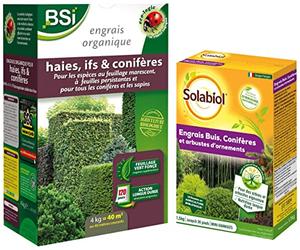 BSI Engrais pour Bio Haie/If/Conifère 40 m & SOLABIOL SOCONY15 Engrais Conifères et Arbustes d'ornement 100% Organique | Action Longue Durée, 1,5 Kg