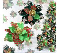 BSITSSS 2 PCS Fleur de Noël Decoration Noel Sapin, 26cm Rouge Vert Artificielles Fleur Poinsettia Noel Sapin de Scintillantes, Réutilisable Poinsettia pour Noël de Fête, Couronne