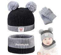 BSITSSS 3 en 1 Bonnet Enfant pour Fille Garçon, Ensemble Bonnet Echarpe Gants, Bonnet Enfant Hiver avec Pompon, Tricoté Tour de Cou Chaud, Hiver Accessoires Ensemble Set Pour 1 à 3 ans