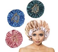 BSITSSS 4 Pcs Bonnet De Douche, Charlotte Cheveux Bonnet De Douche Femme, Bonnet Douche Bonnet En Soie Convient Cheveux Longs Bouclés pour Femme Réutilisable(Rose, doré, vert, bleu)