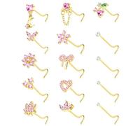 BSJ4U Piercing de nez en acier inoxydable chirurgical pour femme - 20 g - Rose et rouge - Zircone cubique - Cœur papillon fleur cerise nœud lune - Bijoux de piercing de nez, Acier inoxydable