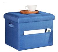 Bsketa Pouf de rangement pliable en lin et coton avec rangement avec poches latérales et poignée, repose-pieds pour salon, coin d'étude, bureau à domicile, 43,2 x 43,2 x 33 cm, bleu foncé