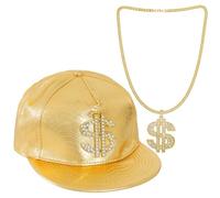 Bskifnn Kit de chapeau de costume Hip Hop des années 80 et 90 avec collier avec signe dollar pour homme et femme