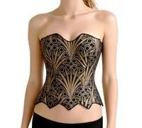 bslingerie Bustier Corset Top à Lacets pour Femme en Dentelle Florale Transparente avec Bordure en Dentelle et Patchwork, noir/doré, Small