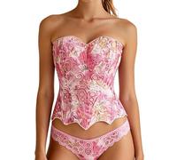 bslingerie Bustier Corset Top à Lacets pour Femme en Dentelle Florale Transparente avec Bordure en Dentelle et Patchwork, rose, Small