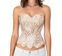 bslingerie Bustier Corset Top pour Femmes avec Bordure en Dentelle, Dentelle Florale Transparente, Lacets et Patchwork, Blanc et doré, Medium