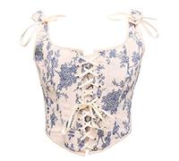 Bslingerie Bustier rétro vintage victorien animal imprimé chat renaissance crop top débardeur corset, Imprimé floral bleu, XXL