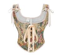 Bslingerie Corset en satin vintage avec laçage, débardeur pour soirée et club, Motif floral jaune., M