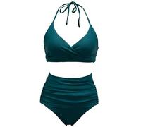 Bslingerie Ensemble bikini dos nu floral, maillot de bain 2 pièces, taille haute, style vintage, jaune avec roses rouges, Vert, XXL