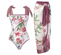 Bslingerie Ensemble de maillot de bain femme modeste Monokini une pièce avec paréo assorti - Ensemble de 2 pièces pour se couvrir à la plage, floral, L